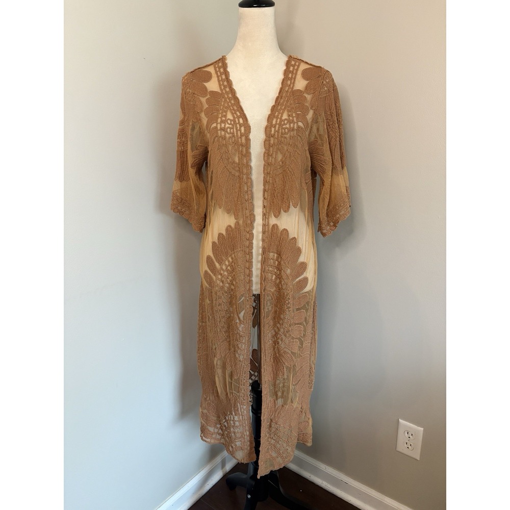 Rebellion Again Brown Tan Lace Duster Mesh Embroidered Paisley Beach Boho Small - Picture 2 of 6